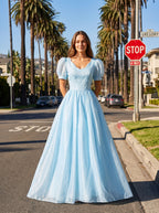 Sky Blue Chiffon A-Line Sweetheart Back Zip Floor-Length Dress with Pleated Bodice - Curvevia