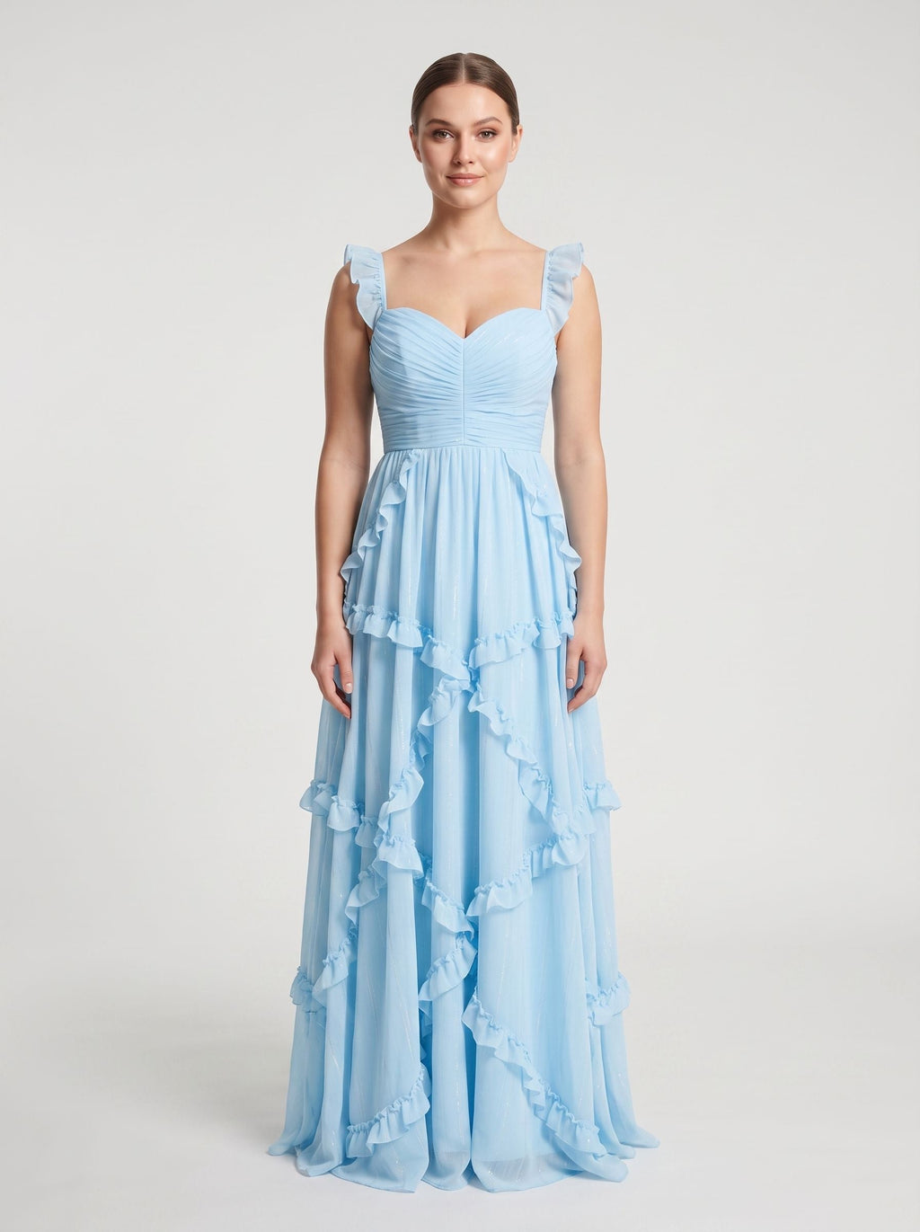 Sky Blue Chiffon A-Line Sweetheart Back Zip Floor-Length Dress with Cascading Ruffles - Curvevia