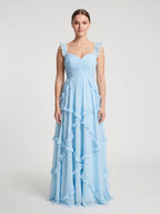 Sky Blue Chiffon A-Line Sweetheart Back Zip Floor-Length Dress with Cascading Ruffles - Curvevia