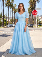 Sky Blue Chiffon A-Line Sweetheart Back Zip Floor-Length Dress with Pleated Bodice - Curvevia