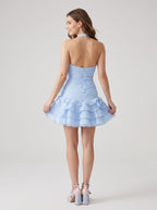 Sky Blue Chiffon A-Line Halter neckline Back Zip Short Dress with Rosette - Curvevia