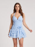 Sky Blue Chiffon A-Line Halter neckline Back Zip Short Dress with Rosette - Curvevia