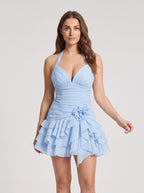 Sky Blue Chiffon A-Line Halter neckline Back Zip Short Dress with Rosette - Curvevia