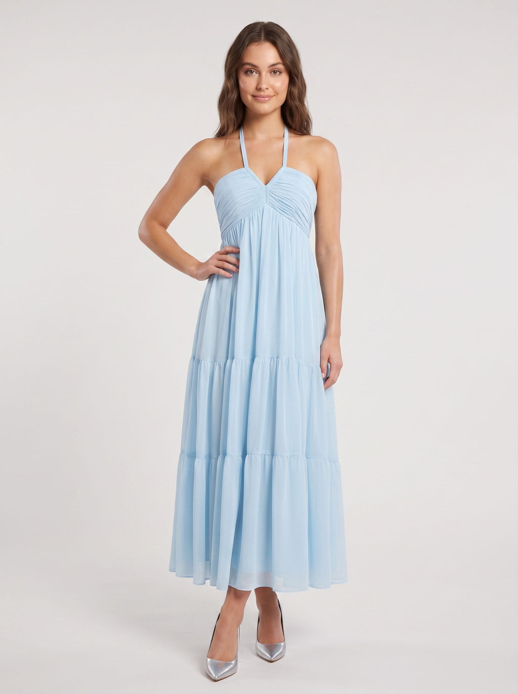 Sky Blue Chiffon A-Line Halter neckline Lace-up Floor-Length Dress with Pleated Bodice - Curvevia