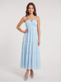 Sky Blue Chiffon A-Line Halter neckline Lace-up Floor-Length Dress with Pleated Bodice - Curvevia