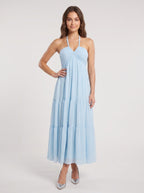 Sky Blue Chiffon A-Line Halter neckline Lace-up Floor-Length Dress with Pleated Bodice - Curvevia