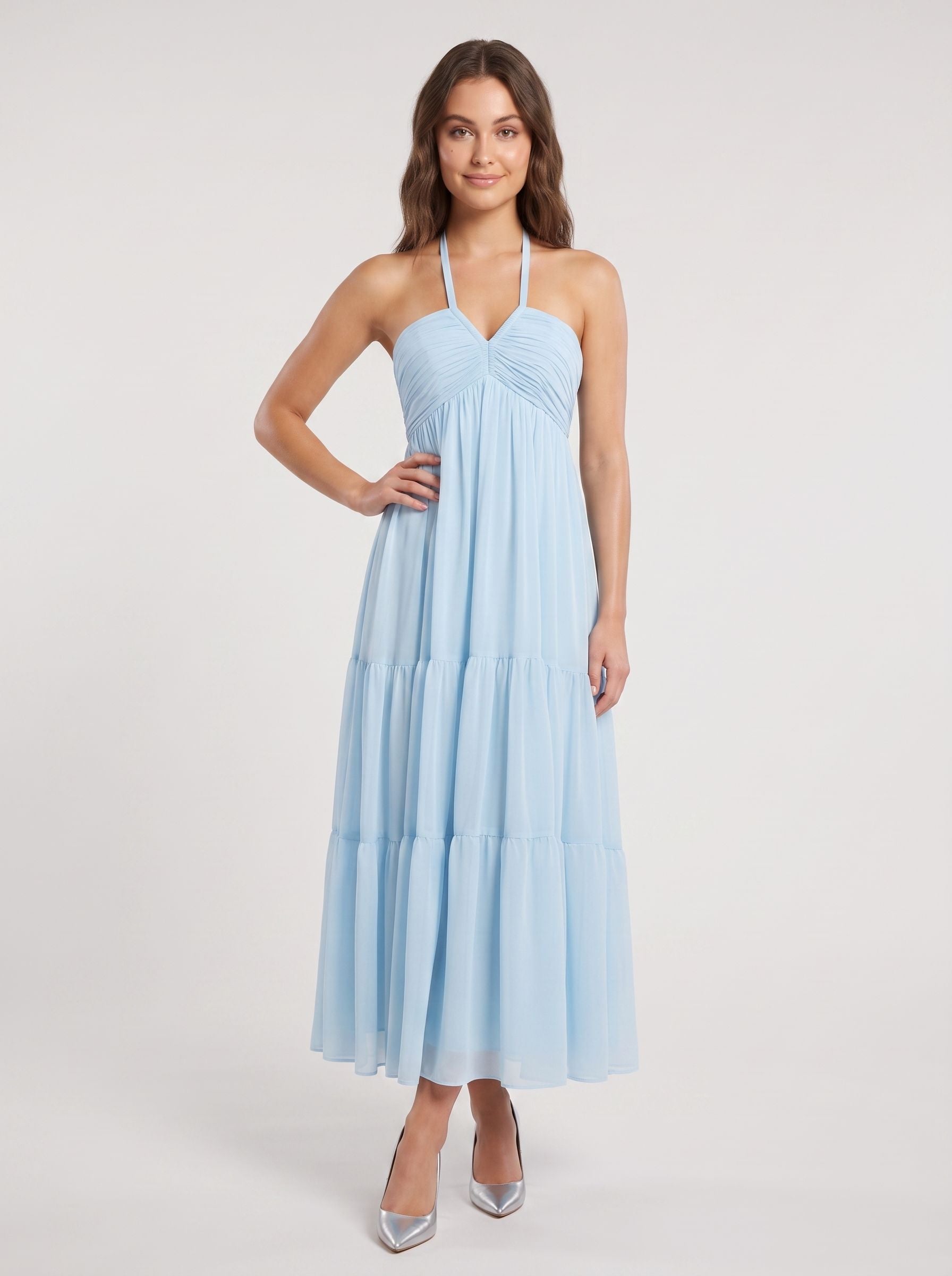 Sky Blue Chiffon A-Line Halter neckline Lace-up Floor-Length Dress with Pleated Bodice - Curvevia