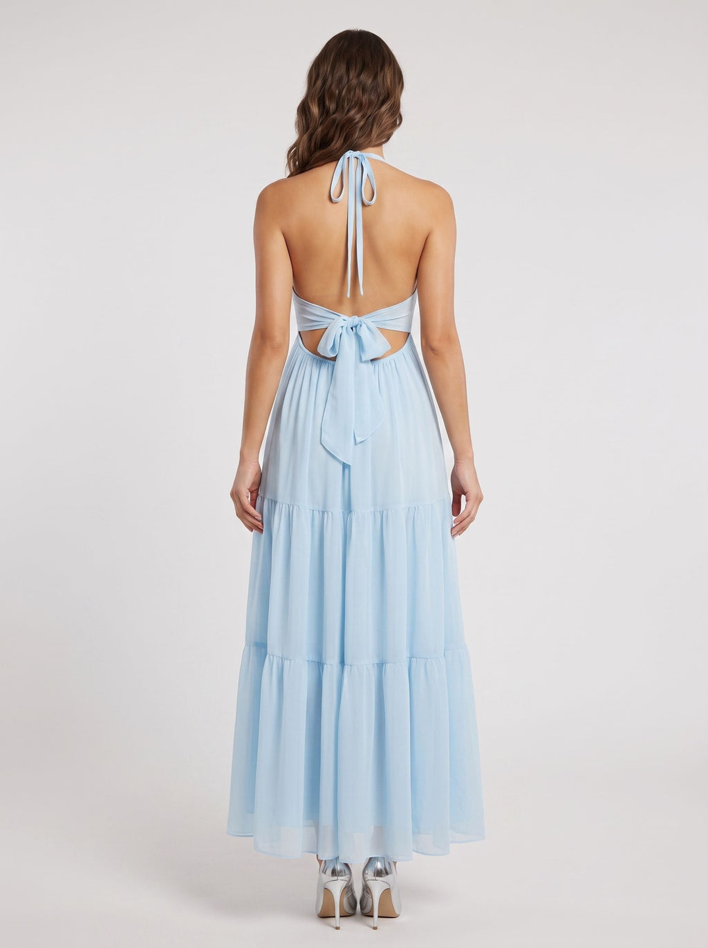 Sky Blue Chiffon A-Line Halter neckline Lace-up Floor-Length Dress with Pleated Bodice - Curvevia