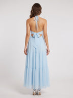 Sky Blue Chiffon A-Line Halter neckline Lace-up Floor-Length Dress with Pleated Bodice - Curvevia
