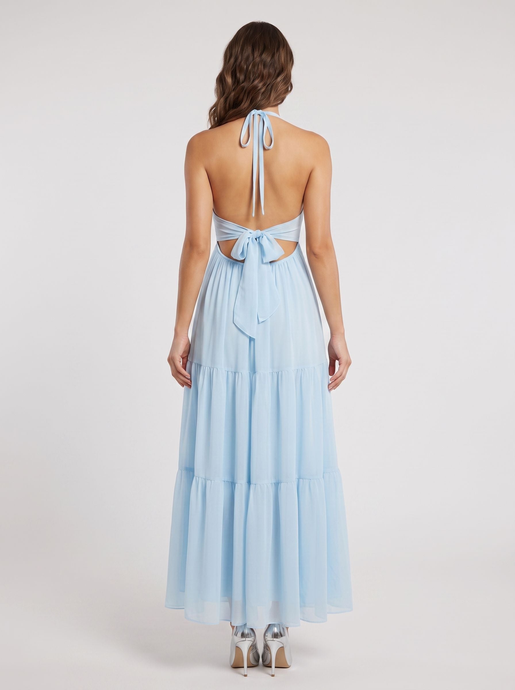 Sky Blue Chiffon A-Line Halter neckline Lace-up Floor-Length Dress with Pleated Bodice - Curvevia