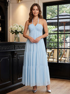 Sky Blue Chiffon A-Line Halter neckline Lace-up Floor-Length Dress with Pleated Bodice - Curvevia