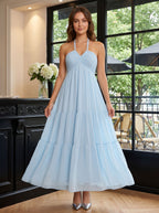 Sky Blue Chiffon A-Line Halter neckline Lace-up Floor-Length Dress with Pleated Bodice - Curvevia