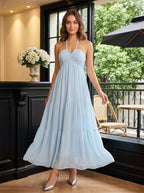 Sky Blue Chiffon A-Line Halter neckline Lace-up Floor-Length Dress with Pleated Bodice - Curvevia