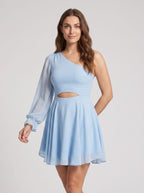 Sky Blue Chiffon A-Line One Shoulder Back Zip Short Dress with Cutout Waist - Curvevia