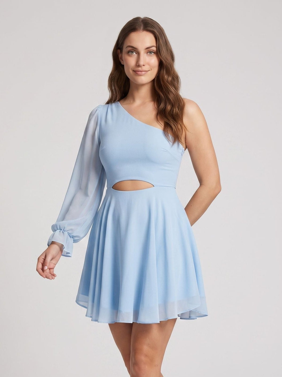 Sky Blue Chiffon A-Line One Shoulder Back Zip Short Dress with Cutout Waist - Curvevia