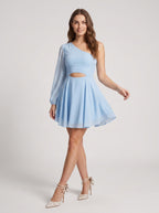 Sky Blue Chiffon A-Line One Shoulder Back Zip Short Dress with Cutout Waist - Curvevia