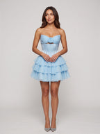 Sky Blue Chiffon A-Line Sweetheart Corset Back Short Dress with Keyhole Ruffles - Curvevia