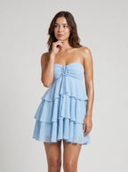 Sky Blue Chiffon A-Line Straight Neck Side Zip Short Dress with Ruffled Skirt - Curvevia