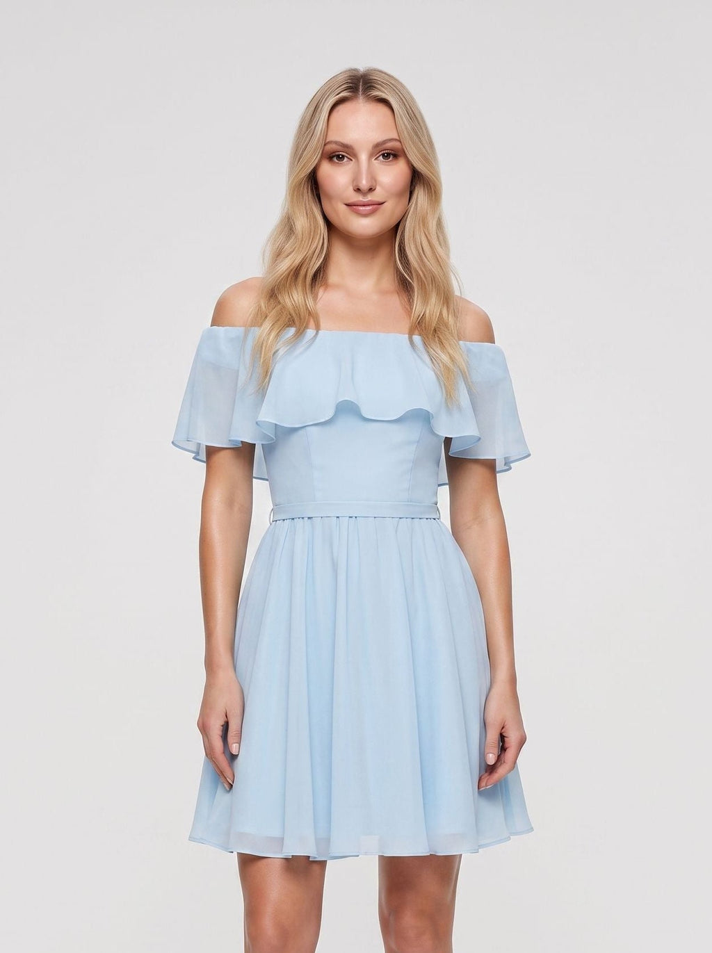 Sky Blue Chiffon A-Line Off-the-Shoulder Criss-Cross Straps Short Dress with Pleated Bodice - Curvevia