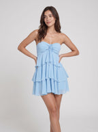 Sky Blue Chiffon A-Line Straight Neck Side Zip Short Dress with Ruffled Skirt - Curvevia