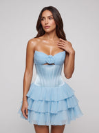 Sky Blue Chiffon A-Line Sweetheart Corset Back Short Dress with Keyhole Ruffles - Curvevia