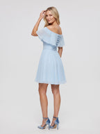 Sky Blue Chiffon A-Line Off-the-Shoulder Criss-Cross Straps Short Dress with Pleated Bodice - Curvevia