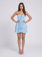 Sky Blue Chiffon A-Line Straight Neck Side Zip Short Dress with Ruffled Skirt - Curvevia