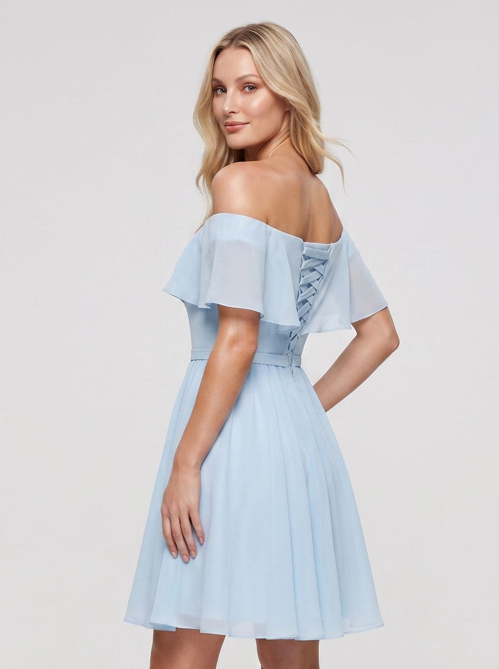 Sky Blue Chiffon A-Line Off-the-Shoulder Criss-Cross Straps Short Dress with Pleated Bodice - Curvevia