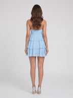 Sky Blue Chiffon A-Line Straight Neck Side Zip Short Dress with Ruffled Skirt - Curvevia