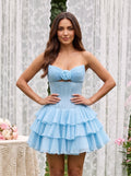 Sky Blue Chiffon A-Line Sweetheart Corset Back Short Dress with Keyhole Ruffles - Curvevia