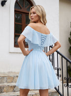 Sky Blue Chiffon A-Line Off-the-Shoulder Criss-Cross Straps Short Dress with Pleated Bodice - Curvevia