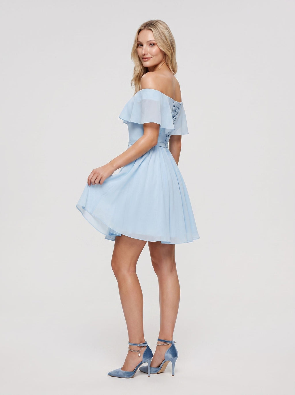 Sky Blue Chiffon A-Line Off-the-Shoulder Criss-Cross Straps Short Dress with Pleated Bodice - Curvevia