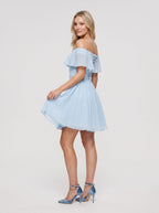 Sky Blue Chiffon A-Line Off-the-Shoulder Criss-Cross Straps Short Dress with Pleated Bodice - Curvevia
