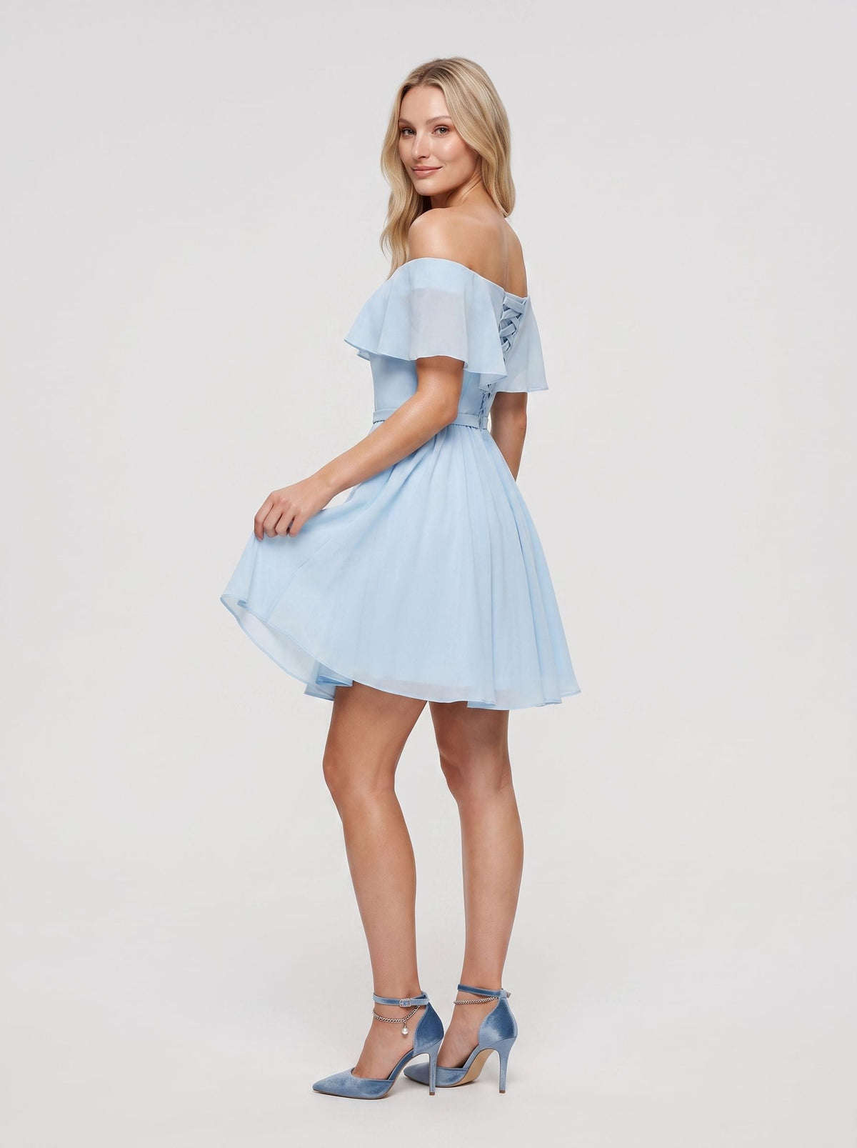 Sky Blue Chiffon A-Line Off-the-Shoulder Criss-Cross Straps Short Dress with Pleated Bodice - Curvevia
