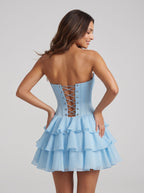 Sky Blue Chiffon A-Line Sweetheart Corset Back Short Dress with Keyhole Ruffles - Curvevia
