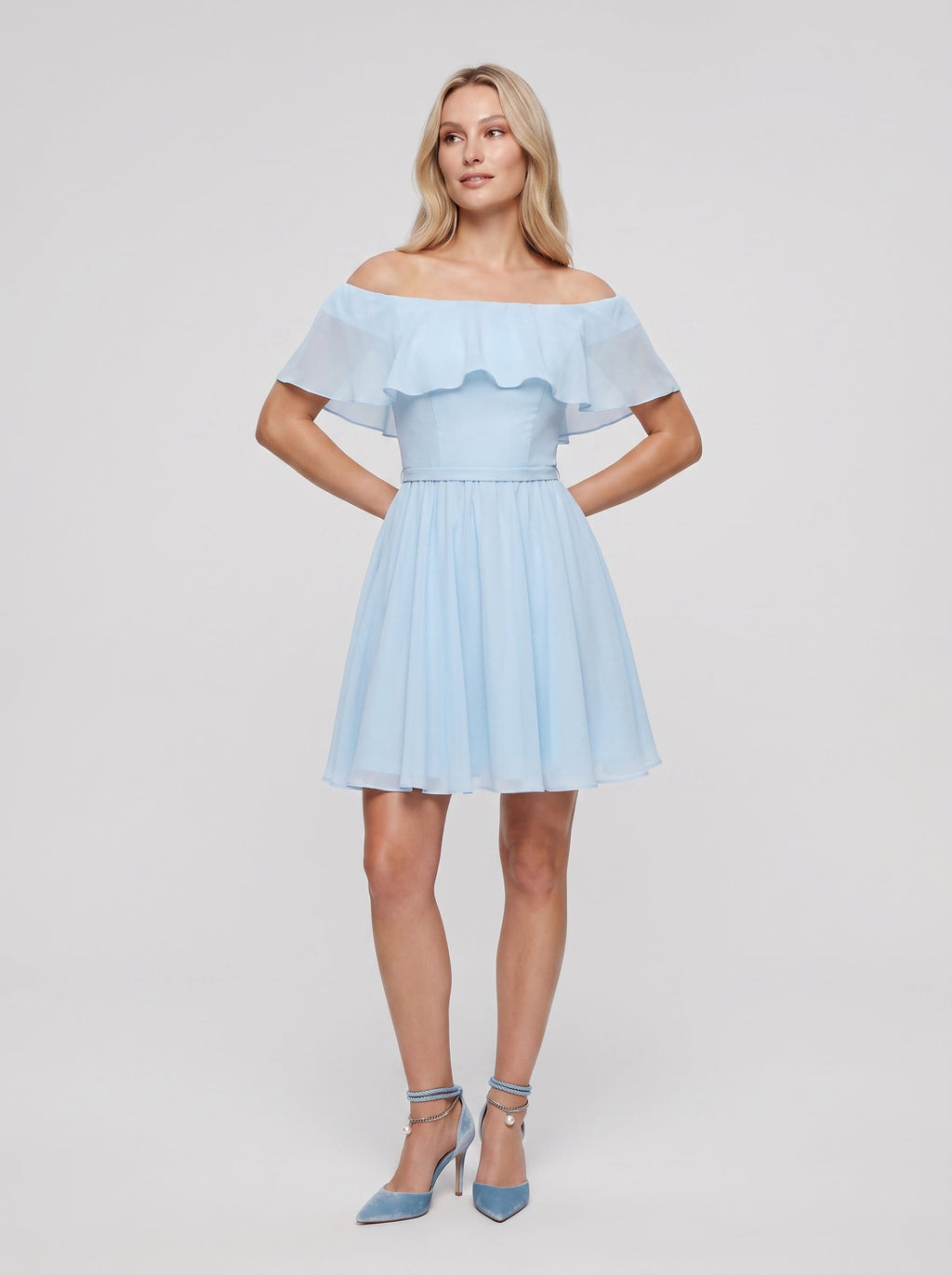 Sky Blue Chiffon A-Line Off-the-Shoulder Criss-Cross Straps Short Dress with Pleated Bodice - Curvevia