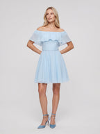 Sky Blue Chiffon A-Line Off-the-Shoulder Criss-Cross Straps Short Dress with Pleated Bodice - Curvevia