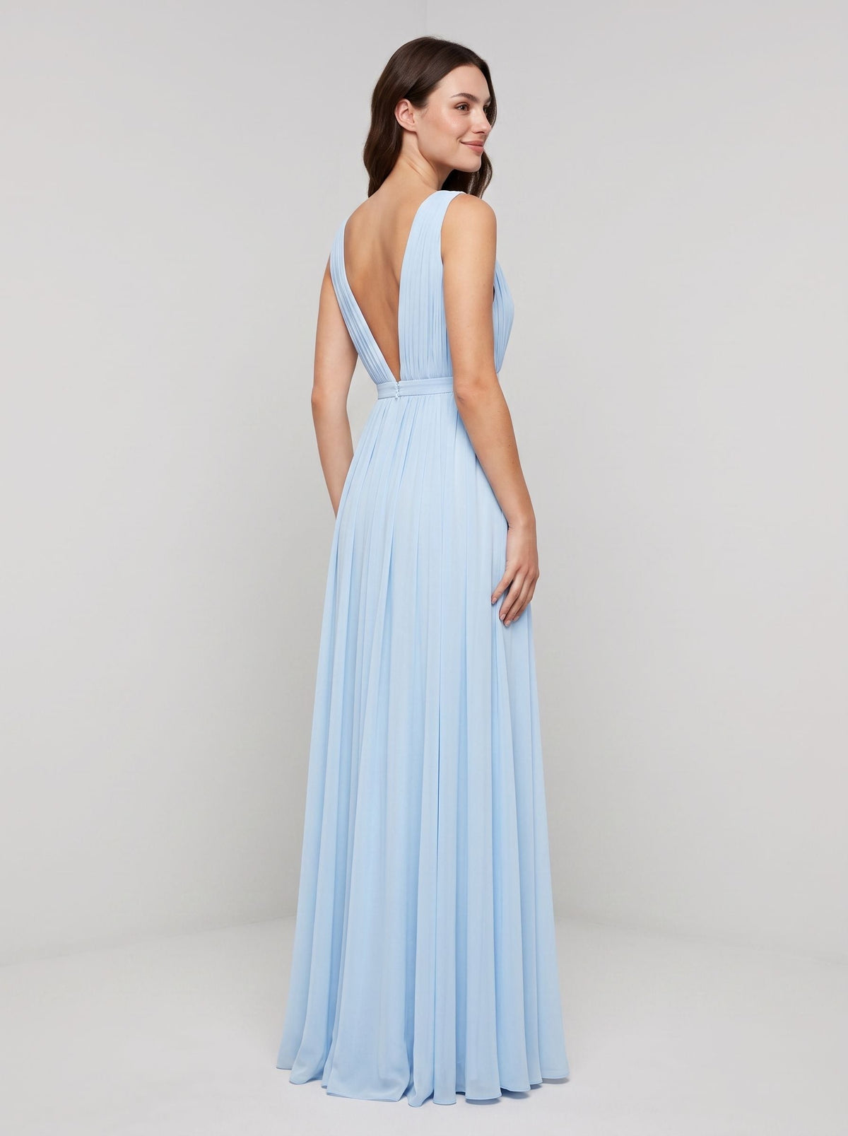 Sky Blue Chiffon A-Line V-Neck V-Back Floor-Length Dress with Pleated Bodice and Slit - Curvevia