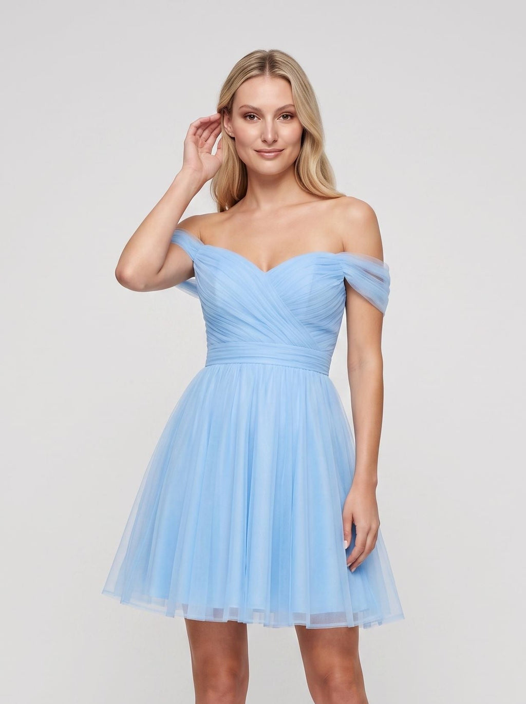 Sky Blue Tulle A-Line Off-the-Shoulder Back Zip Short Dress with Pleated Bodice - Curvevia