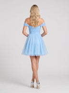 Sky Blue Tulle A-Line Off-the-Shoulder Back Zip Short Dress with Pleated Bodice - Curvevia