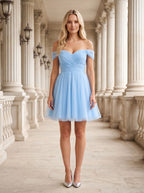 Sky Blue Tulle A-Line Off-the-Shoulder Back Zip Short Dress with Pleated Bodice - Curvevia
