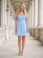 Sky Blue Tulle A-Line Off-the-Shoulder Back Zip Short Dress with Pleated Bodice - Curvevia
