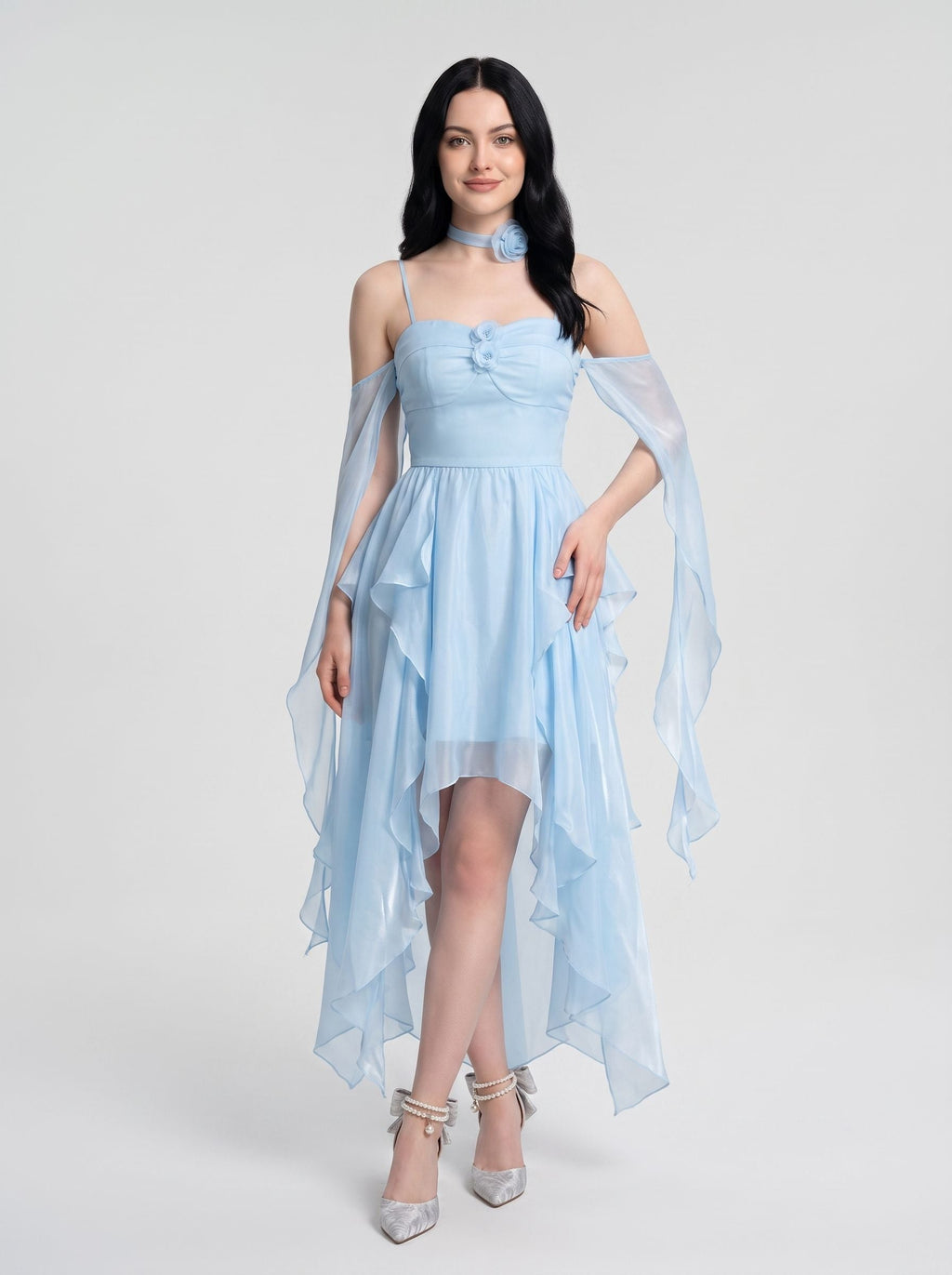 Sky Blue Chiffon A-Line Sweetheart Back Zip Short Dress with Layered Skirt and 3D Flower - Curvevia
