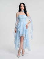 Sky Blue Chiffon A-Line Sweetheart Back Zip Short Dress with Layered Skirt and 3D Flower - Curvevia