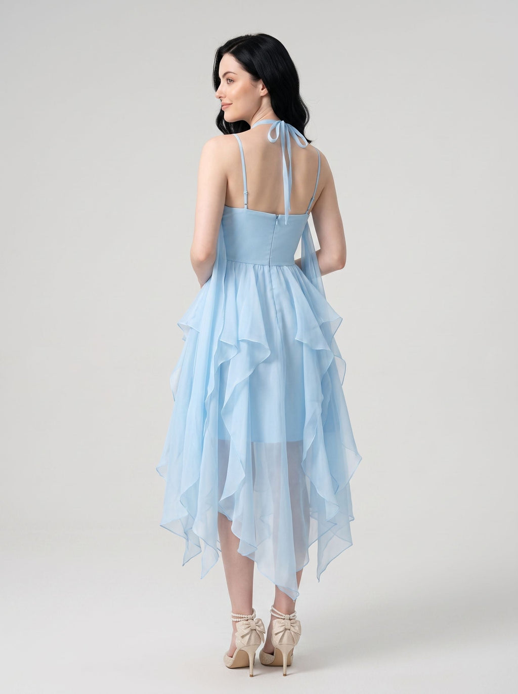 Sky Blue Chiffon A-Line Sweetheart Back Zip Short Dress with Layered Skirt and 3D Flower - Curvevia