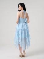 Sky Blue Chiffon A-Line Sweetheart Back Zip Short Dress with Layered Skirt and 3D Flower - Curvevia