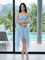 Sky Blue Chiffon A-Line Sweetheart Back Zip Short Dress with Layered Skirt and 3D Flower - Curvevia