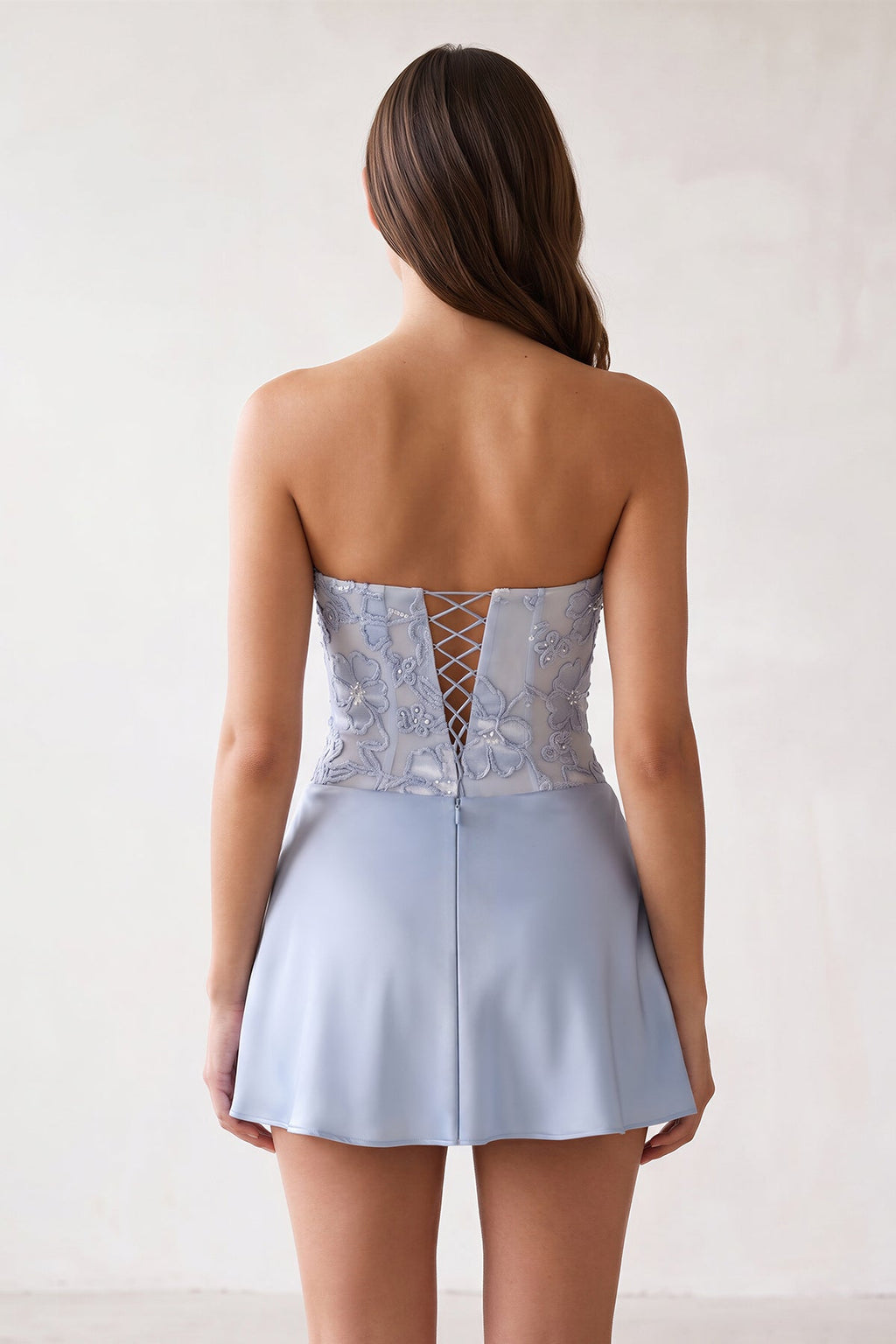 Sky Blue Embroidered A-Line Strapless Satin Homecoming Dress - Curvevia