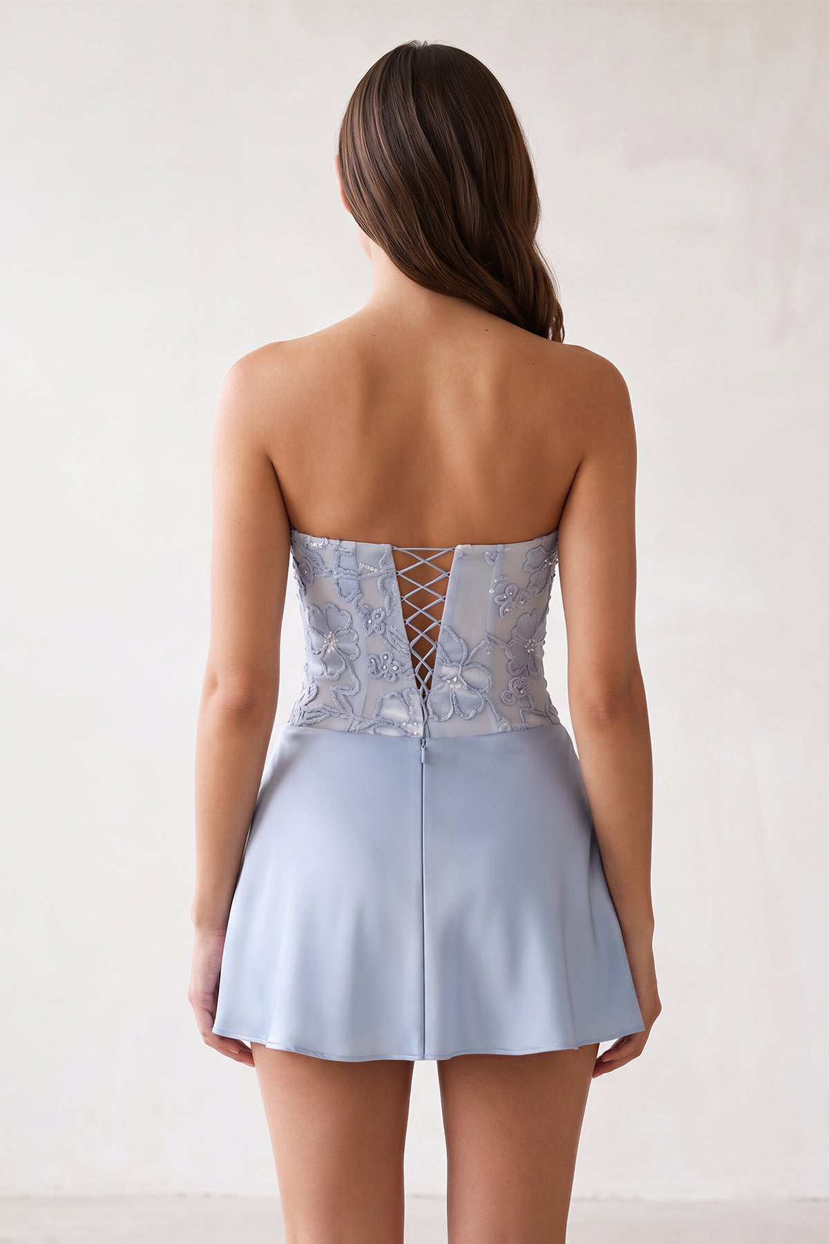 Sky Blue Embroidered A-Line Strapless Satin Homecoming Dress - Curvevia