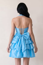Yellow - Halter A Line Ruffles Satin Wedding Guest Dress With Bow - Curvevia